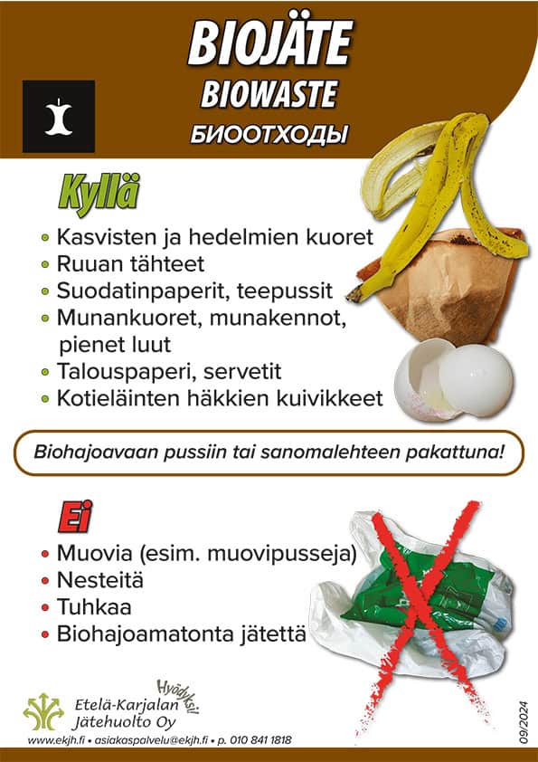 Kuva biojätteen lajitteluohjeista, suomeksi