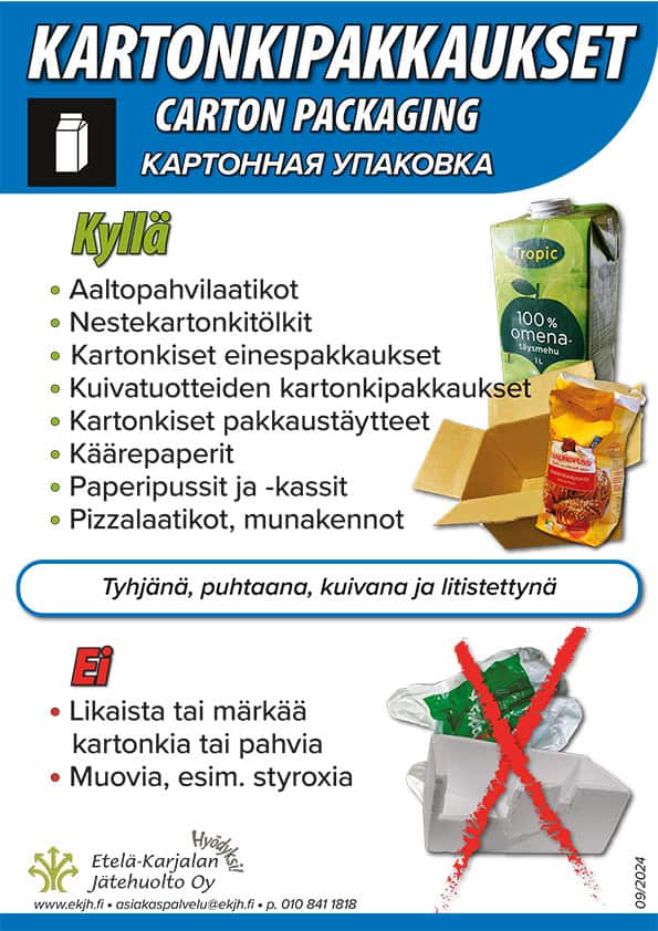 Kuva kartonkipakkausten lajitteluohjeista, suomeksi