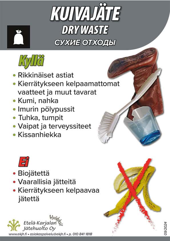Kuva kuivajätteen lajitteluohjeista, suomeksi