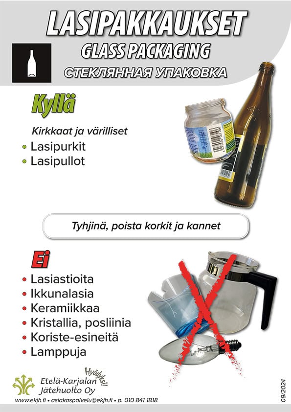 Kuva lasipakkausten lajitteluohjeista, suomeksi