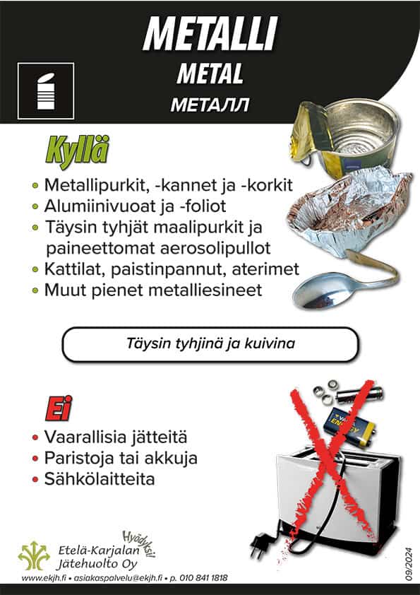 Kuva metallin lajitteluohjeista, suomeksi