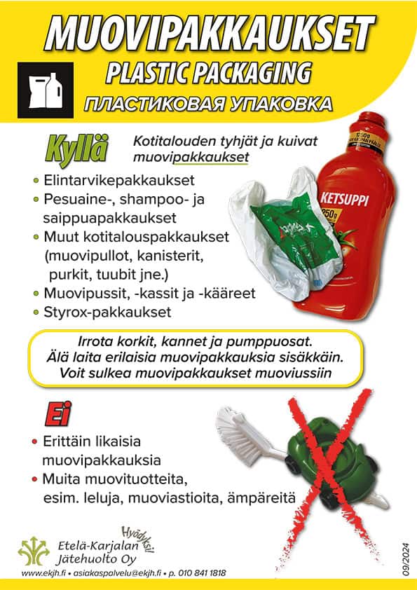 Kuva muovipakkausten lajitteluohjeista, suomeksi