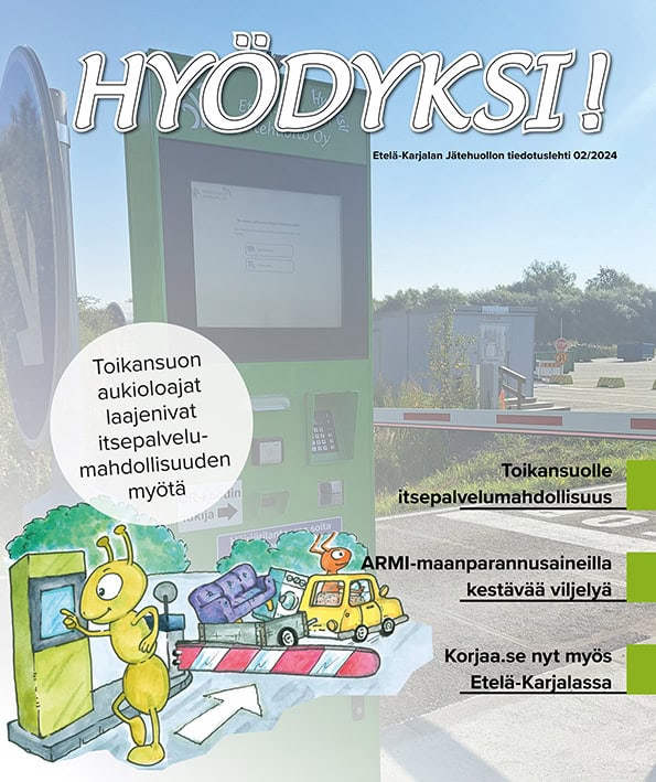 Asiakaslehden kansi, jossa näkyy taustalla Toikansuon Hyödyksi-aseman, vihreä itsepalveluautomaatti.