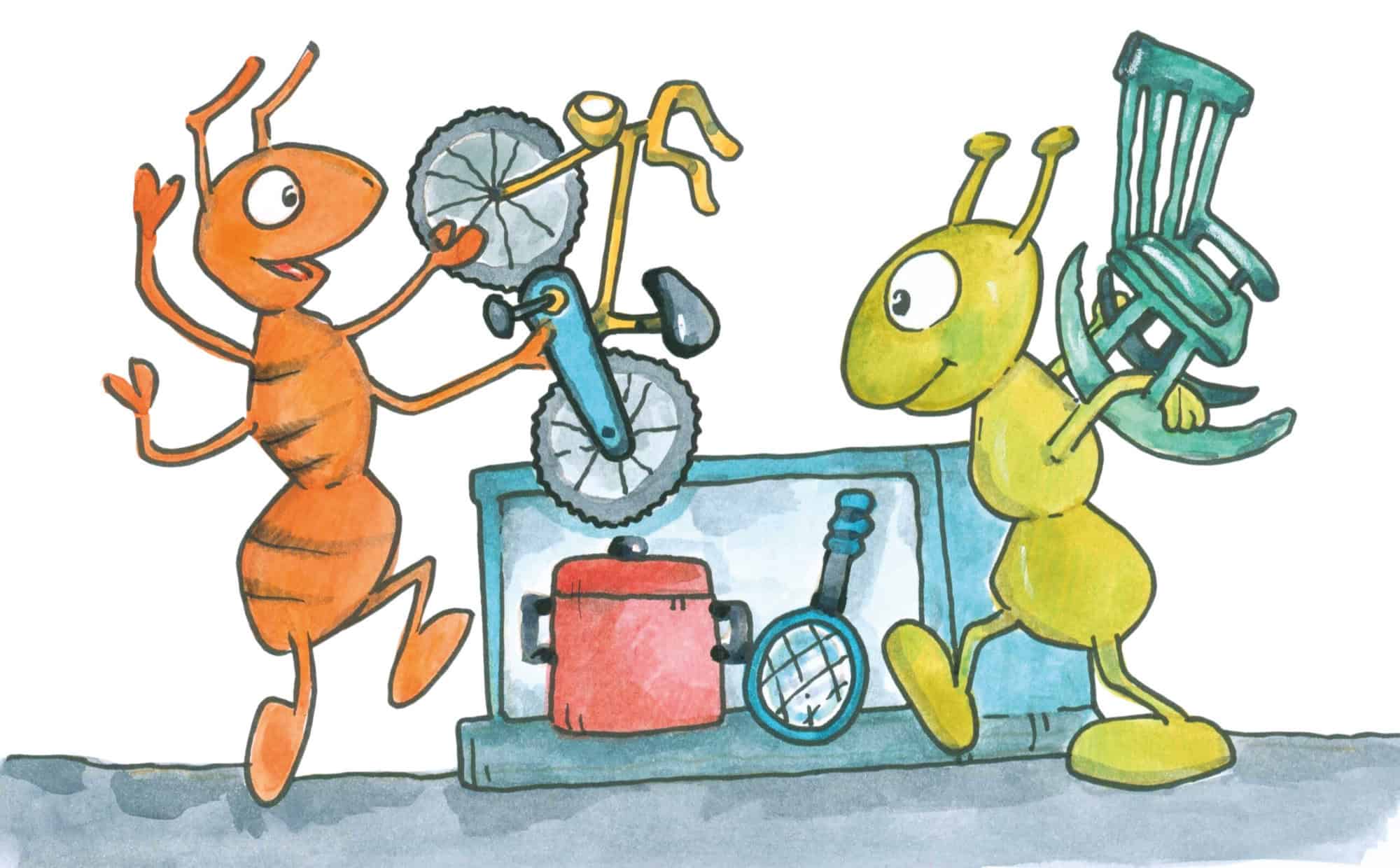 Örkki Sirkka ja muurahainen tutkimassa käyttökelpoisia tavaroita