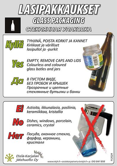 Kuva lasipakkausten lajitteluohjeista