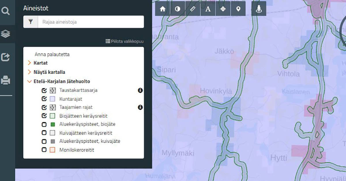 Lähikuva nettisivuilta löytyvästä noutoaluekartasta.