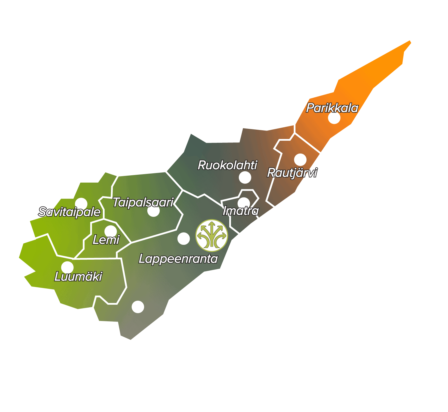 Etelä-Karjalan kartta, missä nimetty kunnat ja osoitettu jäteastemin sijainnit.