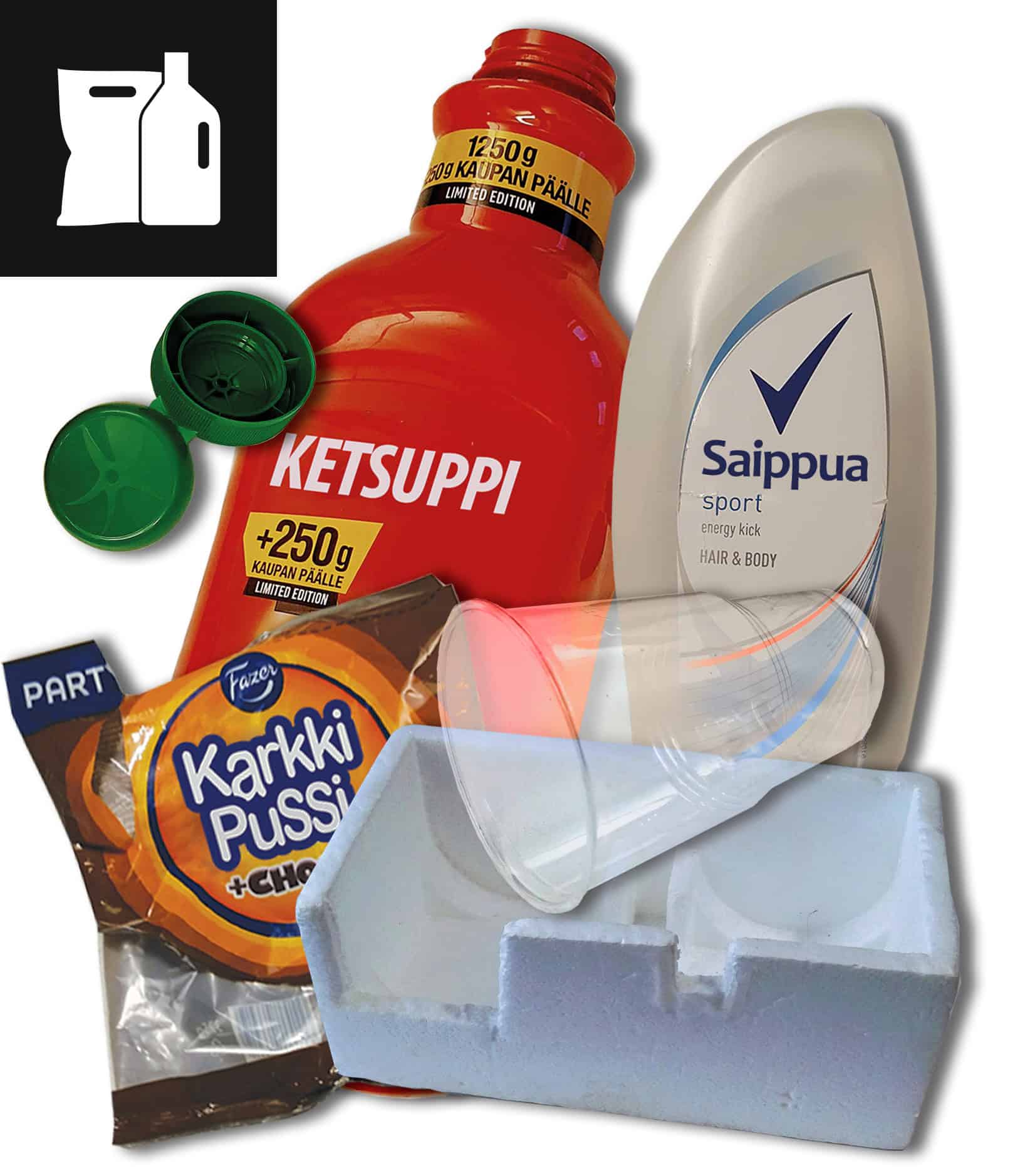 Kuvattu erilaisia muovipakkausten keräykseen kelpaavia jätteitä: Punainen ketsuppipullo ja pullon vihreä korkki irrallaan pullon vieressä, tyhjä karkkipussi ja saippuapullo sekä valkoinen styroxpakkaus. Kuvan vasemmassa yläreunassa mustavalkoinen muovipakkausten piktogrammi.