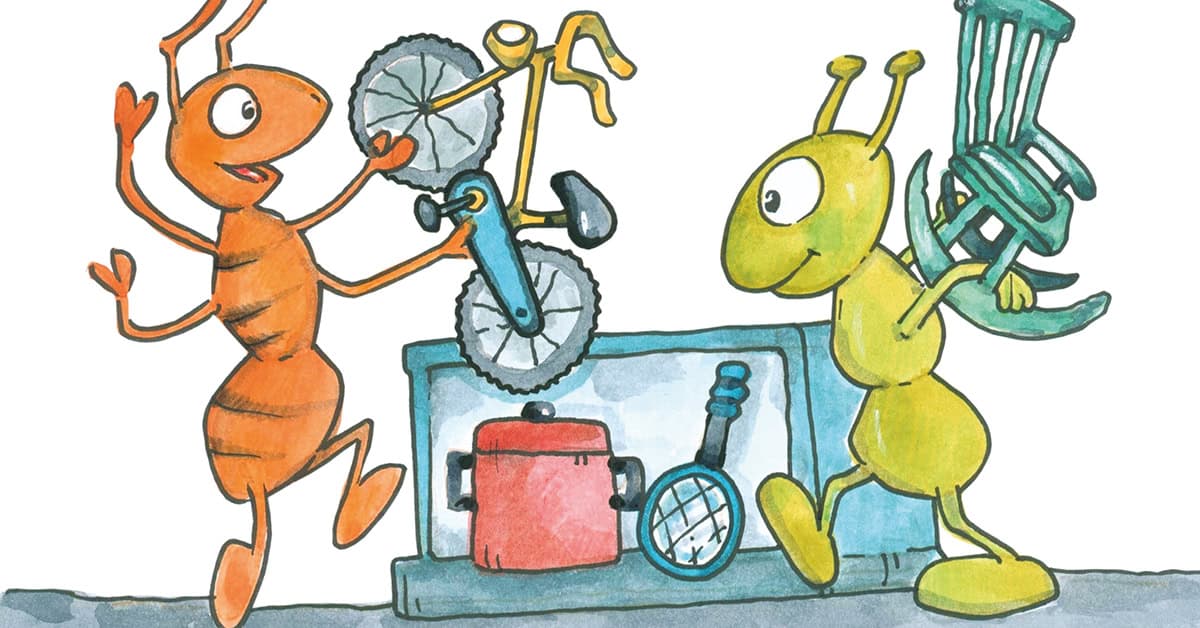 Muurahainen ja heinäsirkka käyttökelpoisia tavaroita tutkimassa