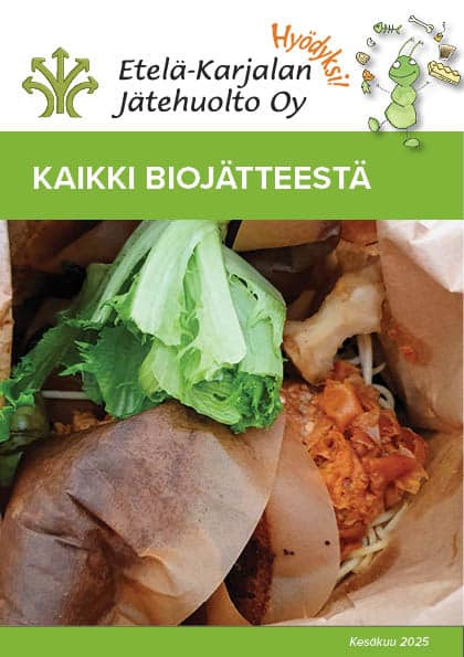 Kaikki biojätteestä -oppaan kansi. Biojätettä: suodatinpussi, salaatinlehti 