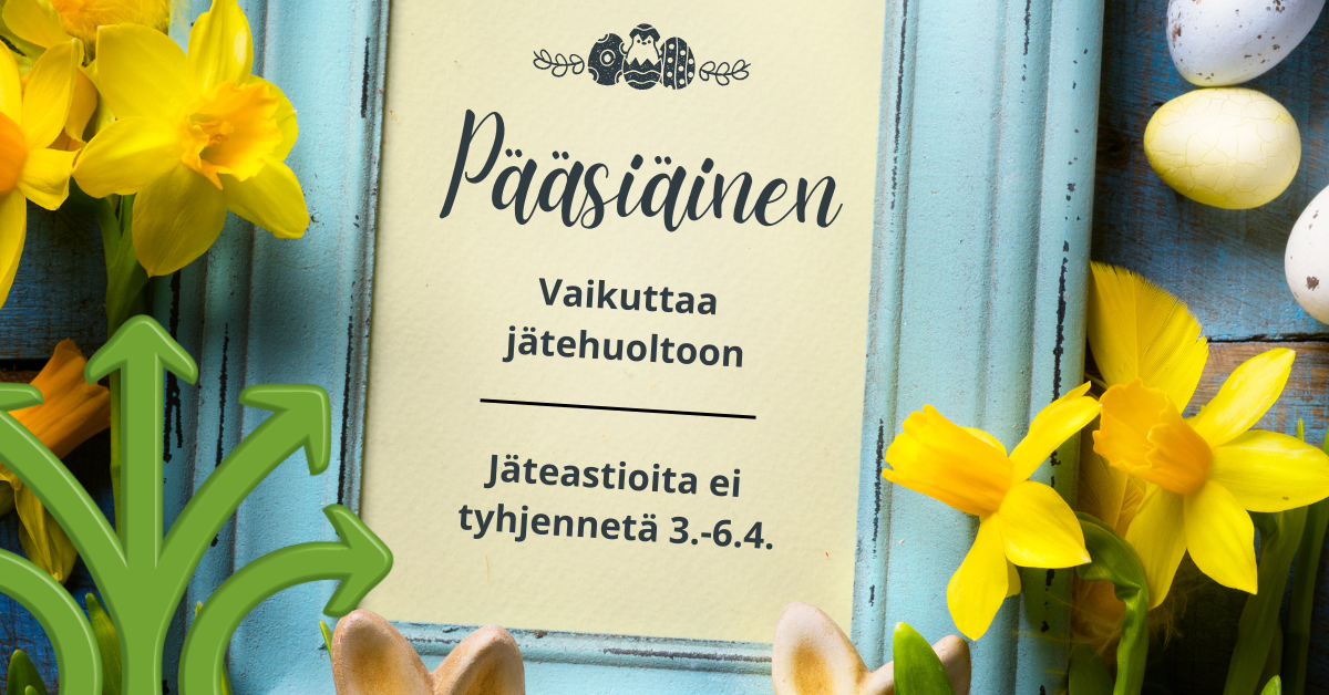 Pääsiäinen 2026 Kiertotalouden asialla jo 30 vuotta. Taustalla vihreä lehti ja etualalla Etelä-Karjalan jätehuollon logo ja juhlavuoden leima.