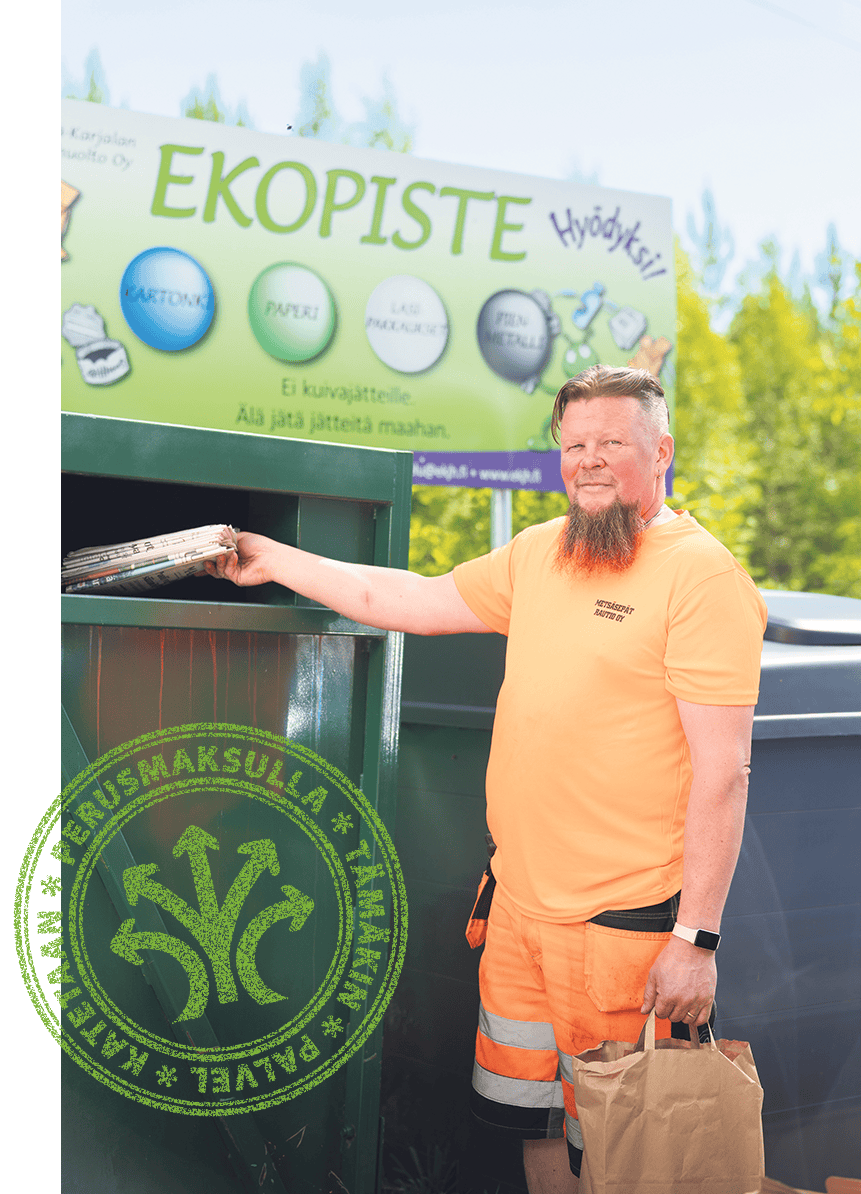 Ekopiste ja perusmaksuleima Jari Rautio ekopisteen edesssä